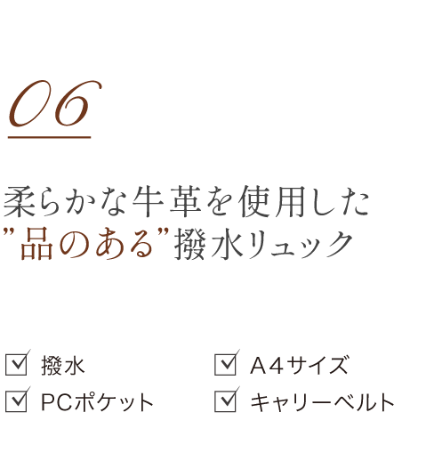 柔らかな牛革を使用した品のある撥水リュック