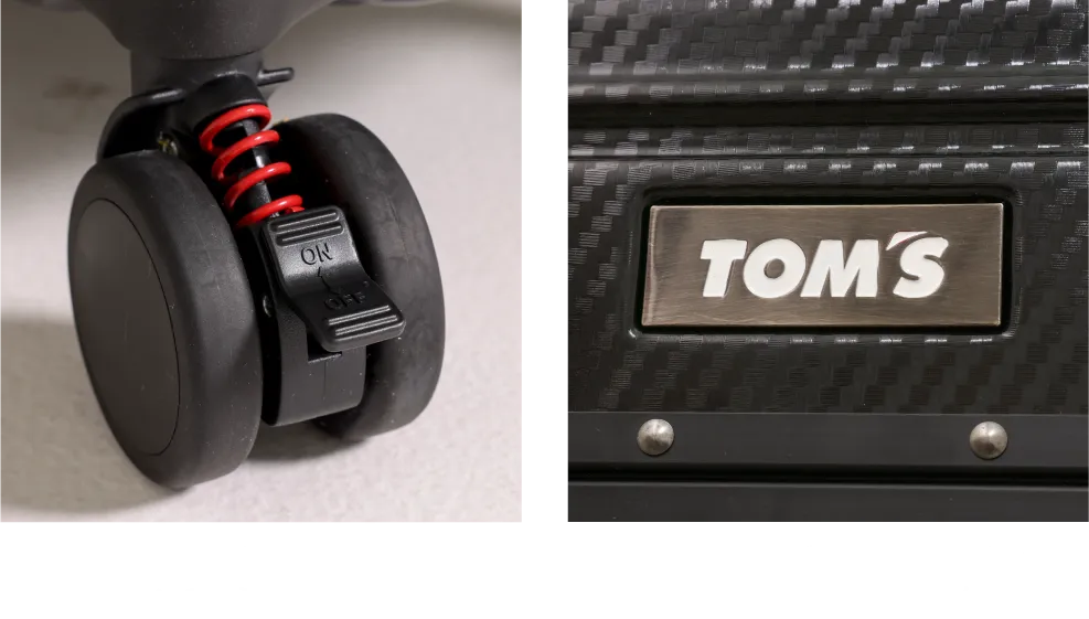 サスペンションのような衝撃吸収キャスターと高級感のあるエンブレム