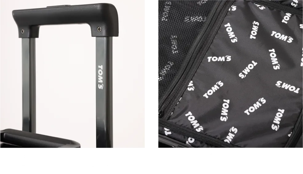 TOM’Sロゴのレーザー刻印とTOM’Sロゴの柄プリント